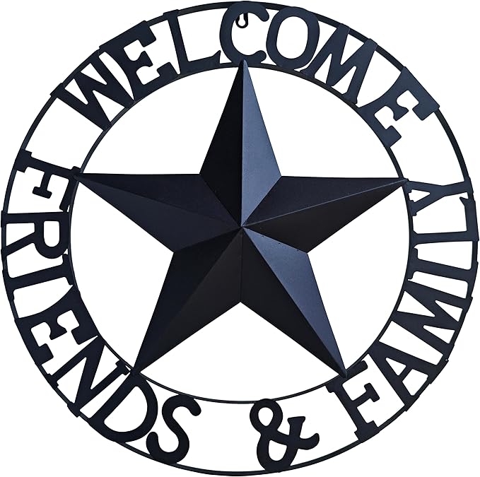 JoyEvy 22" Black Metal Barn Star Welcome Outdoor Wall Sculptures，Metal Star for Outside Wall Hanging,Texas Stars Wall Decor for Rustic Vintage Western Country Farmhouse Primitive House Decoration