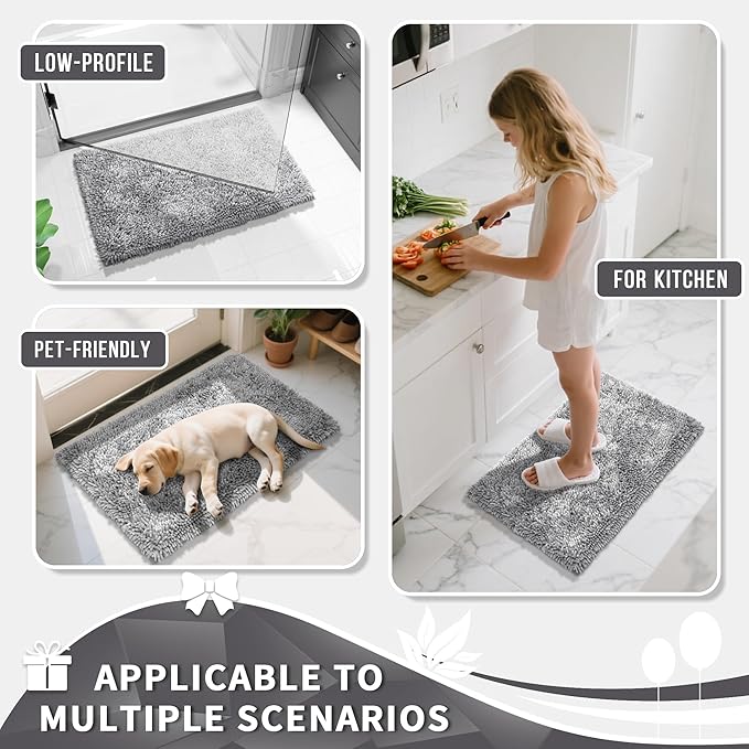 Yimobra Chenille Bathroom Rugs Non Slip, Extra Thick Soft Absorbent Bath Rug 31.5x20 Inch, Machine Washable Quick Dry Bath Mat for Bathroom Floor, Tub and Shower, Home Decor Accessories, Light Grey
