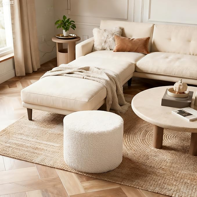 Round Boucle Pouf Ottoman Footrest – Soft & Lightweight Footstool with Full Foam Filling for Living Room, Bedroom