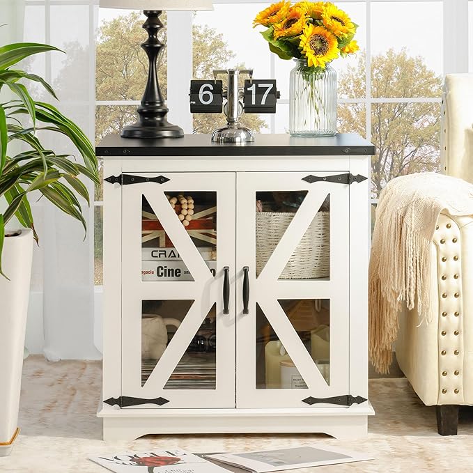 Farmhouse End Table, 24" Large End Tables with Storage, Rustic Square Sofa Beside Table with Glass Barn Door, Wood Side Table Square Nightstand for Living Room, Bedroom, Office (White)
