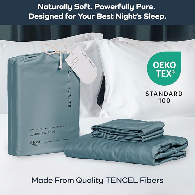 Olive + Crate Tencel Eucalyptus Cooling Duvet Cover Set - Hypoallergenic, Lyocell Tencel Duvet Cover - Soft, Temperature Regulating with Hidden Button Closure & Corner Ties - Twin XL [Basalt Blue]