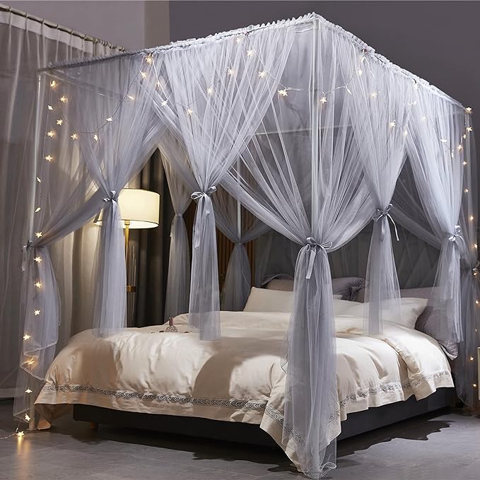 VETHIN 4 Corners Post Princess Bed Canopy Curtain Double Layer Cozy Drape Netting 4 Opening Mosquito Net for Girls & Adults Bedroom Decoration Accessories (Double Gray, 47" W*78" L*82"*H/Twin)