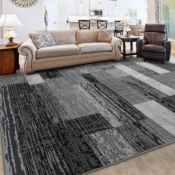 FlyDOIT Modern Geometric Patchwork Area Rug, 6x9 Grey Large Rugs for Living Room, Rockwood Collection Indoor Rugs for Bedroom, Throw Carpet Floor Decor for Entryway Dining Room Office Nursery