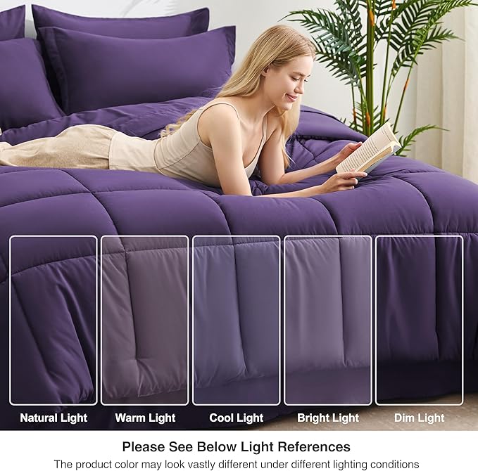 Love's cabin Twin Comforter Set Dark Purple, 5 Pieces Twin Bed in a Bag, All Season Bedding Sets with 1 Comforter, 1 Flat Sheet, 1 Fitted Sheet, 1 Pillowcase and 1 Pillow Sham