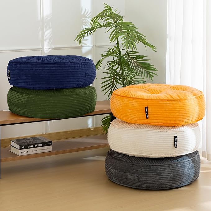 6" Washable Floor Pillow Cushion for Adults, Meditation Cushion Pillow, Large Round Floor Sitting, Removable Tufted Corduroy Cover, for Tatami Living Room or Yoga, 22x22 Inch, 2Pack, Machine Washable