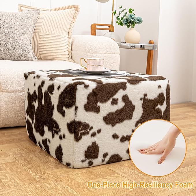 20x20x14 Inches Fluffy Square Pouf Ottoman - Plush Furry Ottoman Foot Rest Stool with High-Density Foam, Versatile Floor Seating for Living Room (Coffee Cow Print)