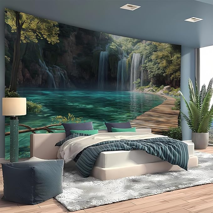 BSFHH Nature Tapestry Forest Tree Sea Cave Wall Hanging, Stream Through Rainforest Landscape Wall Art Tapestry for Bedroom Living room (Waterfall, 59" × 51", Unframed)