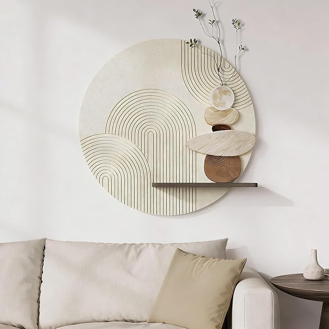 3D Textured Neutral Abstract Wall Art Decor With Shelf, Boho Beige and Brown Artwork for Walls With Green Accent, Modern Minimalist Wall Decor for Living Room, Hallway, Kitchen, Bedroom, Office, 24x24