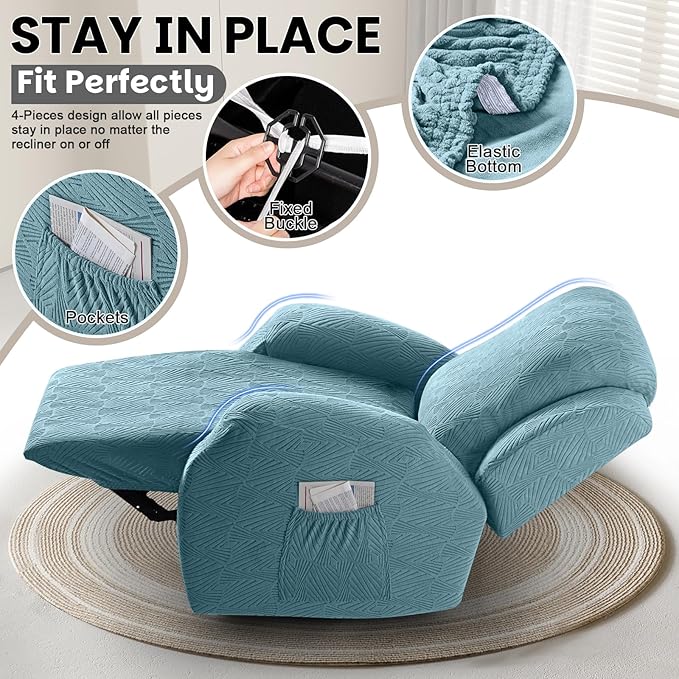 VANSOFY Oversized Recliner Chair Covers, 4-Pieces Stretch Recliner Cover Jacquard Soft Reclining Chair Slipcover Furniture Protector with Elastic Bottom for Lazy Boy Recliner(Light Blue)