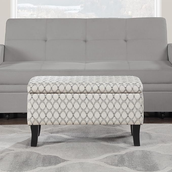 Convenience Concepts Designs4Comfort Winslow Storage Ottoman Bench 32" - Transitional Upholstered Footstool & Seat, for Living Room, Entryway, Hallway, & Bedroom, Ribbon Pattern Fabric