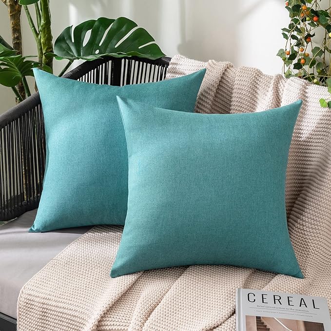 MIULEE Pack of 2 Decorative Outdoor Solid Waterproof Throw Pillow Covers Faux Linen Garden Farmhouse Coastal Cushion Cases for Summer Patio Tent Balcony Couch Sofa 20x20 Inch Turquoise