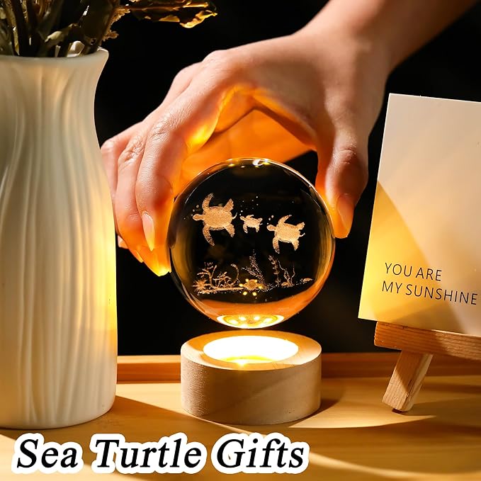 Sea Turtle Gifts for Women Men 3D Sea Turtles Crystal Ball with Wooden Light Base Glass Turtle Figurine Home Decor Gift for Mothers Valentine's Day Christmas Birthday (Diameter 2.36 inches)