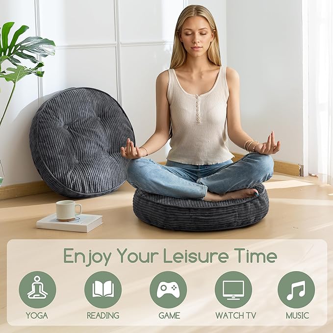 HIGOGOGO Washable Floor Pillow Cushion for Adults, Meditation Cushion Pillow, Large Round Floor Sitting, Removable Tufted Corduroy Cover, for Tatami Living Room or Yoga, 22x22 Inch, Machine Washable