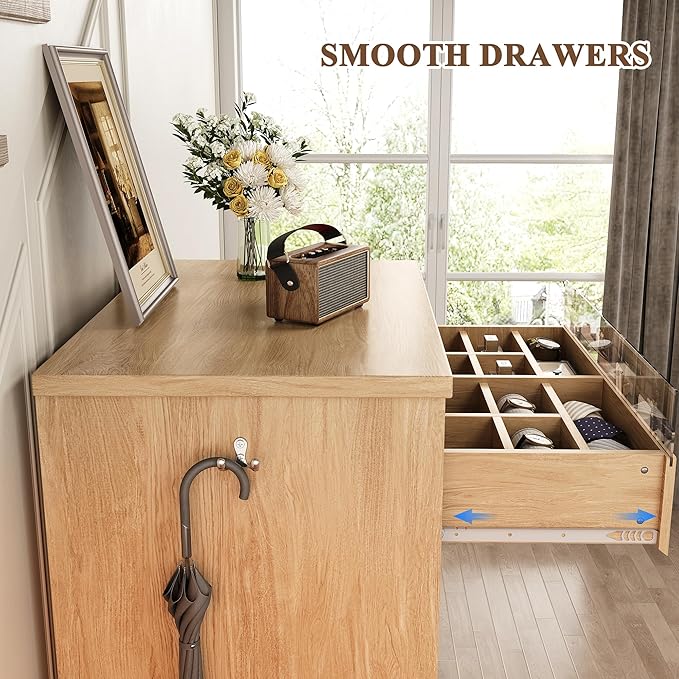 Larger Oak 5 Drawer Dresser for Bedroom with LED Light, Modern Chest of Drawers with Hidden Handles, Tall Wooden Dresser Closet for Living Room, Entryway, Hallway - Oak