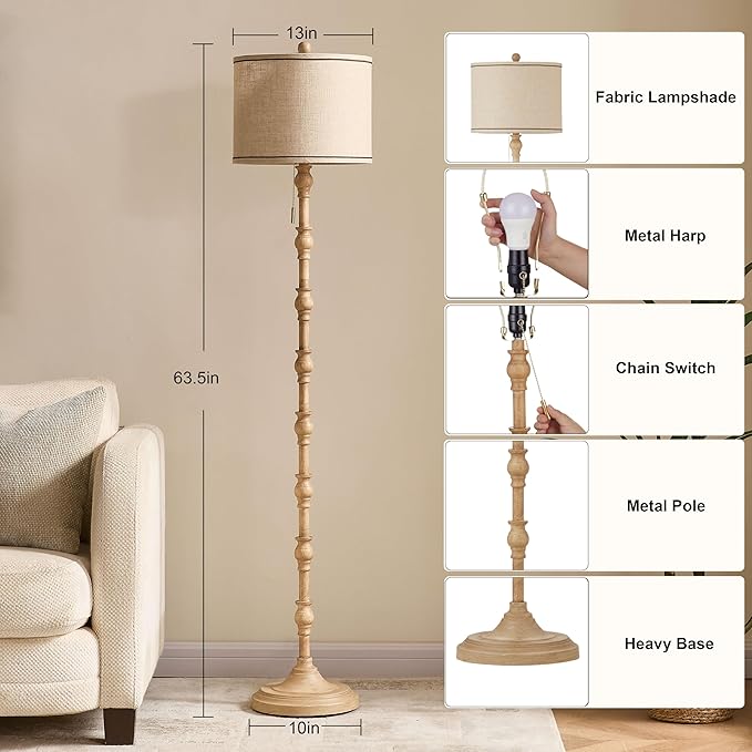 63.5'' Floor Lamps for Living Room, Farmhouse Floor Lamp for Bedroom with 3 Color Temperatures, Vintage Standing Lamps for Living Room, Living Room Light, Chain Switch, Bulb Included, Cream
