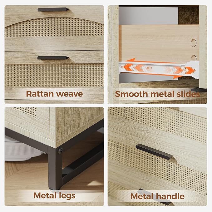 Mericonia 3 Drawer Rattan Dresser for Bedroom, Wood Dresser for Closet with Metal Handles, Small Boho Nightstand Sets, Dressers & Chests of Drawers for Bedroom, Hallway and Entryway, Oak