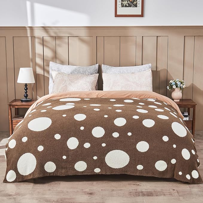 CozeCube Super Soft Fullfy Microfiber Reversible Knitted Blankets, Warm Cozy Fuzzy Plush Throw, Dark Brown and White Polka Dot Throw Blanket for Couch Bed Sofa, 50" x 60"