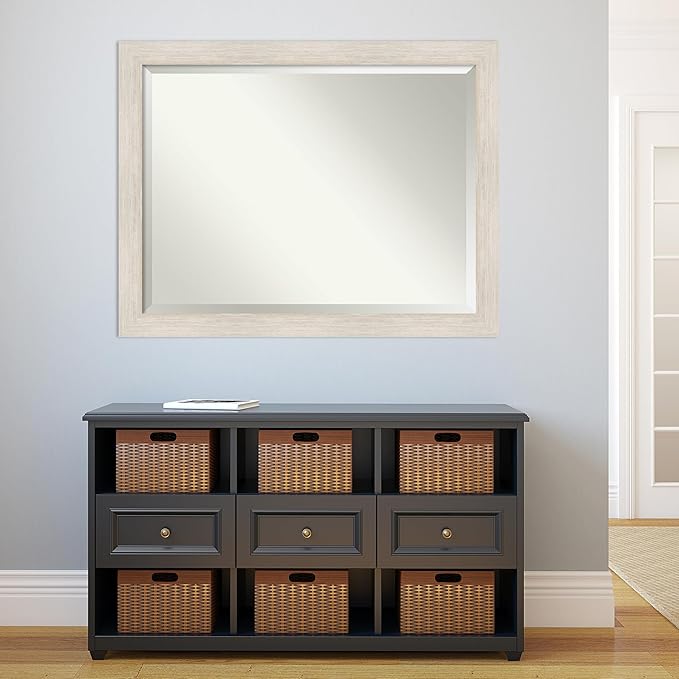 Amanti Art White Wall Mirror 35x45 Hardwood White Wash Rectangle Bathroom Mirror for Wall Decor Living Room, X-Large Country Rustic Wood Frame, Hangs Horizonally and Vertically, Bathroom Decor,