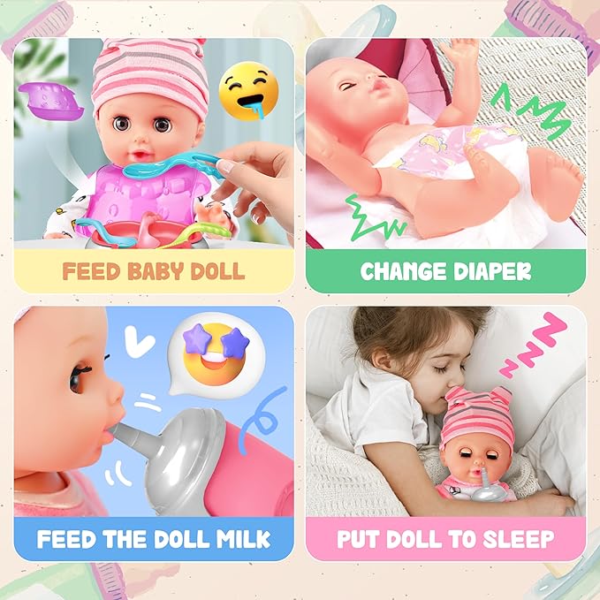 SMILESSKIDDO Baby Doll Set - 14" Babydoll with Dolls Accessiores, Realistic Pretend Play Doll Includes Carrier Bassinet Bed, Feeding Set, Doll Clothes, Toddler Toys Gifts for 1 2 3 4 5 Year Old