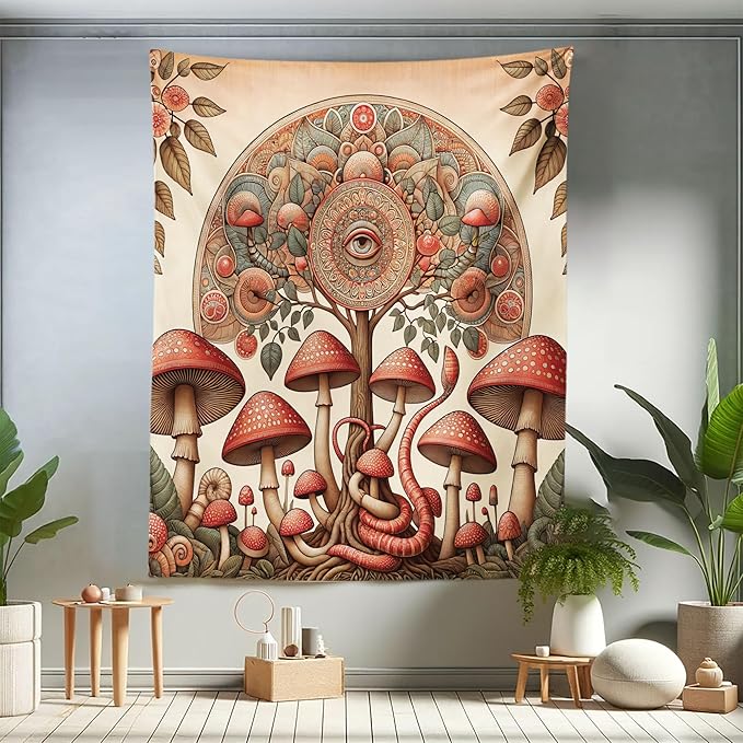 Ambesonne Hippie Tapestry Twin Size, Psychedelic Aura Leaves and Eye Ornate Tree Art with Mushrooms and Snake, Wall Hanging Bedspread Bed Cover Wall Decor, 68" X 88", Dark Pink Reseda Green