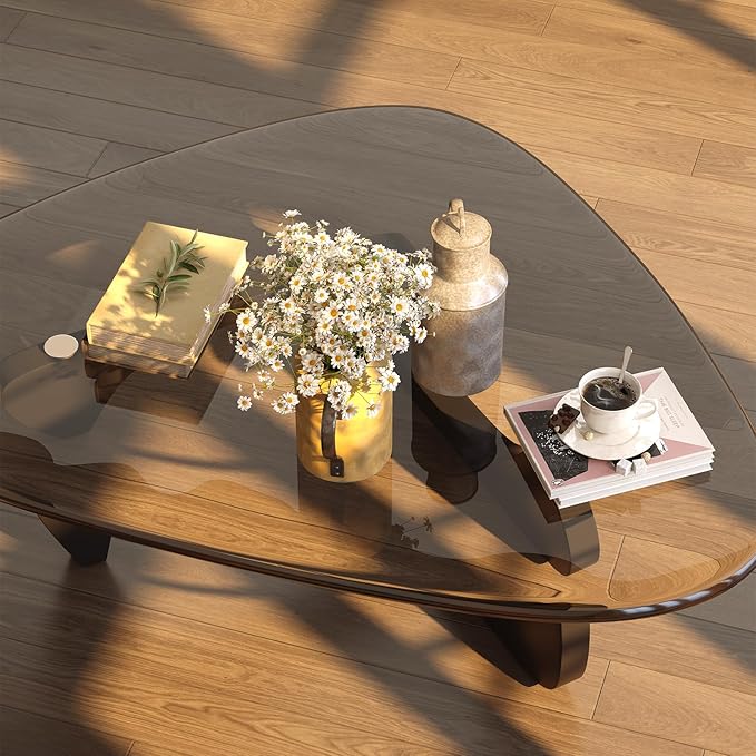 Coffee Table for Living Room Mid Century Modern Center Small Table with Glass Top and Wood, Black Transparent