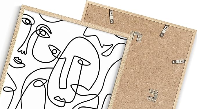 Abstract Face Pattern Wall Art Collage of Modern Faces Continuous Line Drawing 16x20 Inch Oak Wood Beige Framed Artistic Aesthetic Print for Living Room