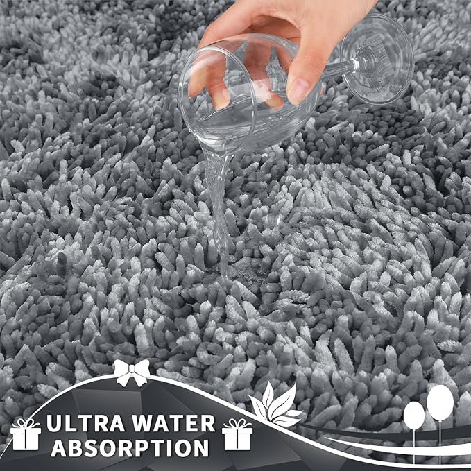 Yimobra Toilet Rugs U Shaped Washable, Extra Thick Soft Absorbent Chenille Contour Bathroom Rugs for Toilet 24x20 Inch, Quick Dry Non Slip Toilet Mat for Bath Floor, Silver