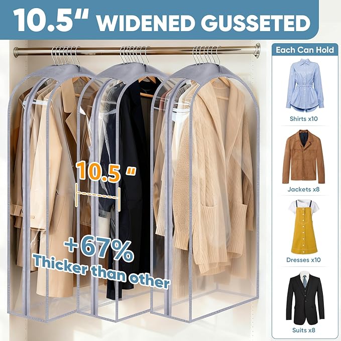 BALEINE 40'' Clear Garment Bags for Hanging Clothes, 10.5'' Wide PEVA Suit Bag for Closet Clothes Dresses Coat (Clear, 3PK)