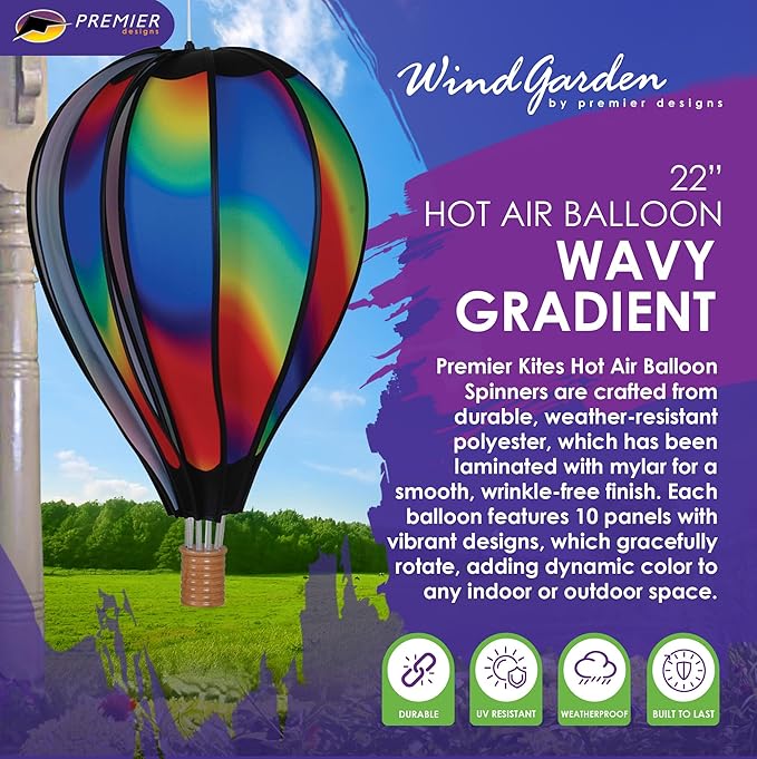 Hot Air Balloon Hanging Garden Spinner 22" - Vibrant Wavy Gradient Design, Weather-Resistant Outdoor Decor, Durable & Lightweight for Patios, Yards, and Gardens - Eye-Catching Wind Spinner