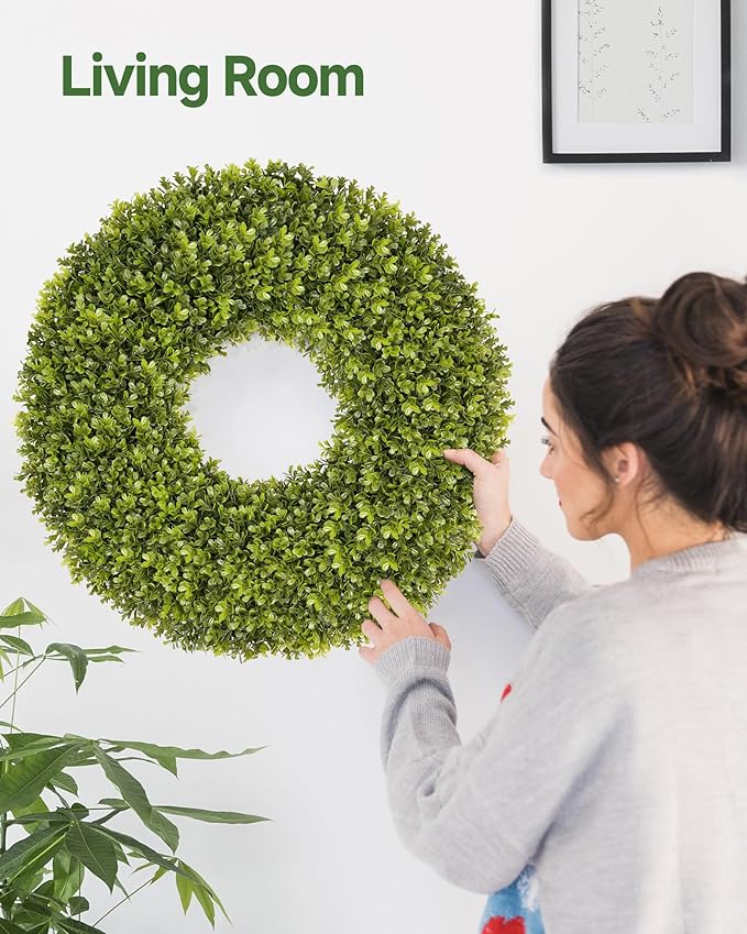 DDHS 24''Boxwood Wreaths for Front Door，Artificial Spring Wreaths for Farmhouse Wedding Green Year Round Indoor Outdoor for Fall Summer Christmas Wreath Home Decorations-Green