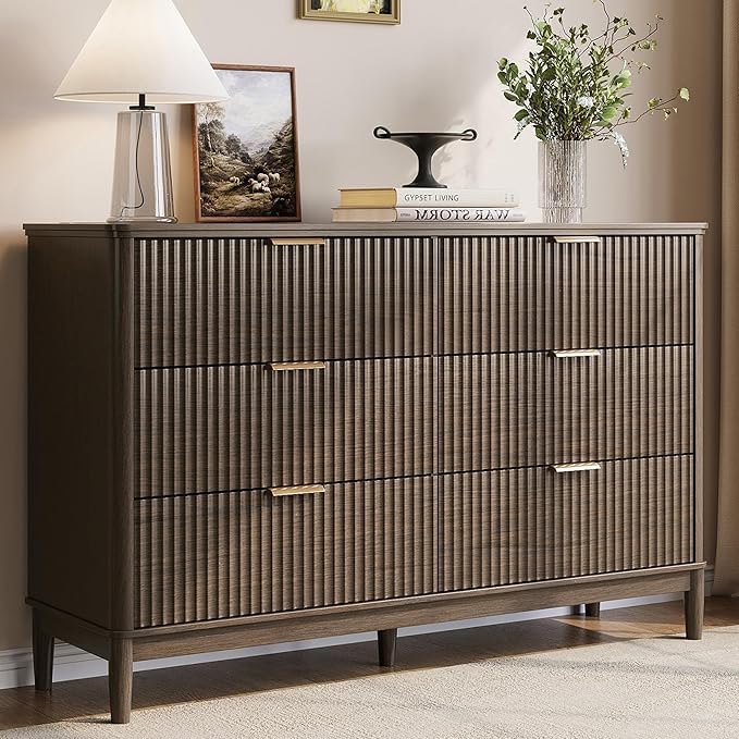 LINSY Fluted 6 Drawer Dresser for Bedroom, 54" Wide Mid-Century Modern Tall Chest of Drawers, Curved Corner Design, Storage Dressers with Deep Drawers, Large Accent Wood Cabinet for Bedroom, Walnut