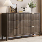 LINSY Fluted 6 Drawer Dresser for Bedroom, 54" Wide Mid-Century Modern Tall Chest of Drawers, Curved Corner Design, Storage Dressers with Deep Drawers, Large Accent Wood Cabinet for Bedroom, Walnut