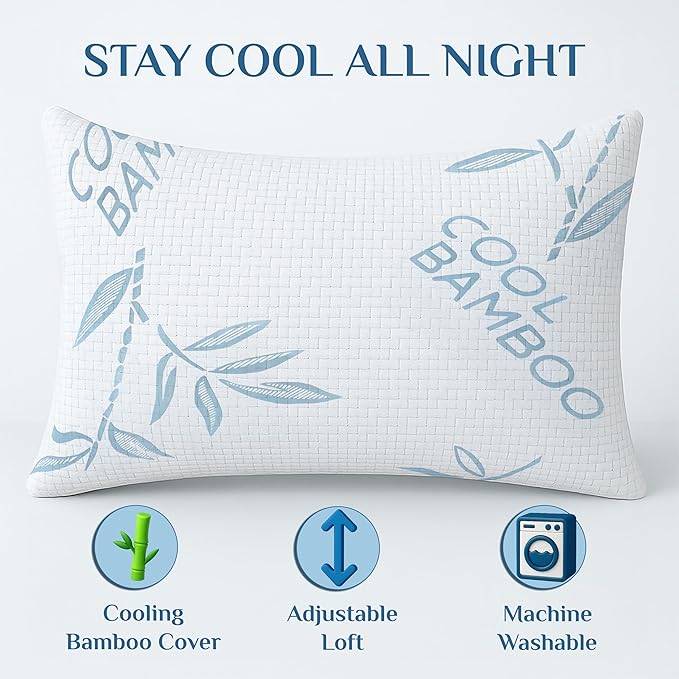 OMEO 2 Pack Bamboo Pillow Standard Size for Sleeping, Hypoallergenic Cooling Shredded Memory Foam Bed Pillows for Side, Back and Stomach Sleepers, Adjustable Loft and Washable Cover 20" x 26"
