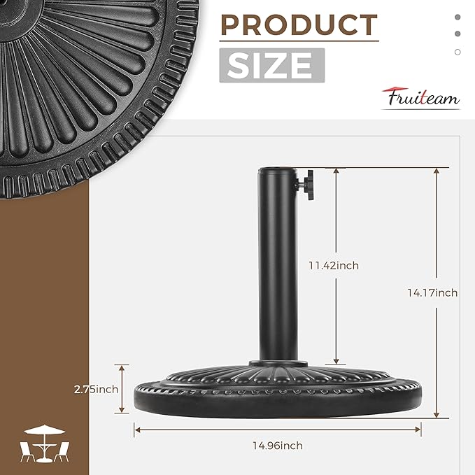FRUITEAM 15" 26.5 lbs Round Patio Umbrella Base Pre-Filled Umbrella Stand Sun-Flower-Pattern Heavy Duty Market Umbrella Base Stand for Patio, Outdoor, Swimming Pool, Black