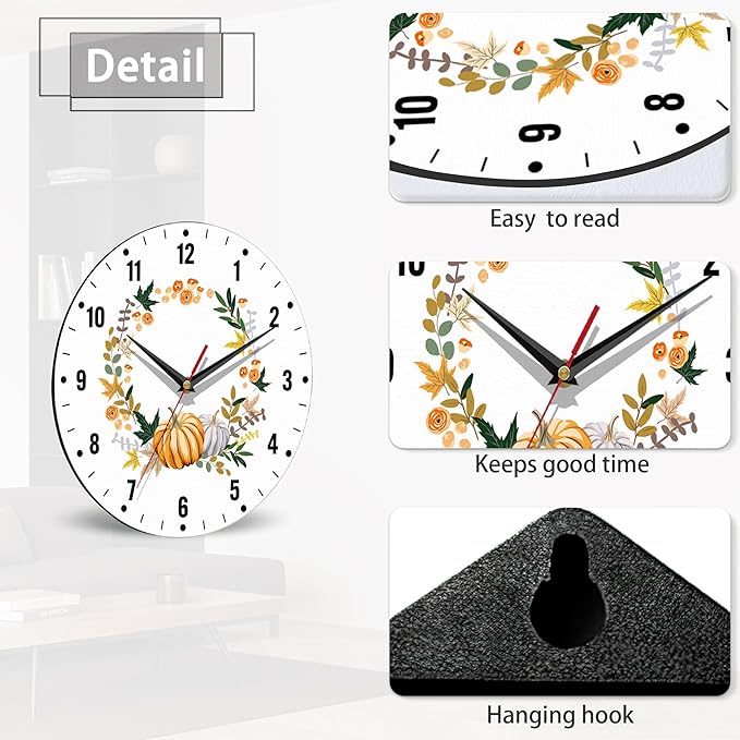 SPUNKER Thanksgiving Day Wall Clock,Autumn Pumpkin Kitchen Wall Clock,Maple Leaves Flower Clocks 10 Inch Silent Non-Ticking Wall Battery Operated for Living Room Bedroom Bathroom Laundry Room Decor