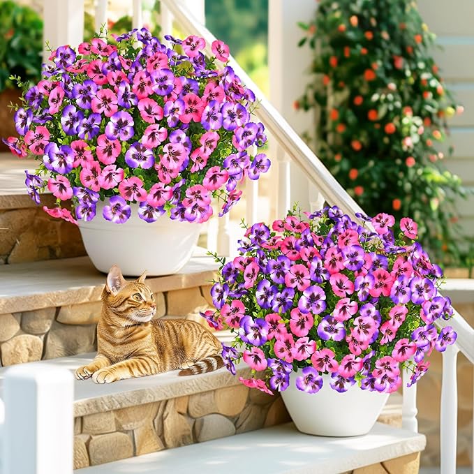 MARTINE MALL 12 Bundles Look Real Artificial Flowers for Outdoors, Realistic Fake Outdoor Flowers, UV Resistant Silk Pansy Flowers for Outside Faux Flowers Plants for Outdoor Porch Patio, Pink+Purple