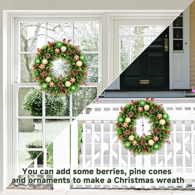 Vlorart 24" Faux Round Boxwood Wreath, Artificial Boxwood Wreath Front Door Wreaths Artificial Spring Summer Greenery Hanging with A Plaid Bow and sash for Front Door Wall Hanging Window Wedding Decor