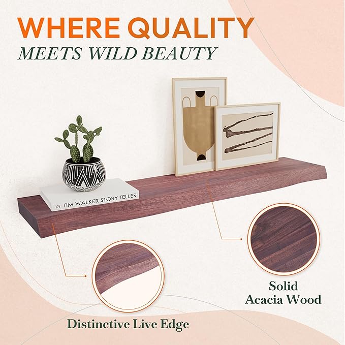 36" Acacia Live Edge Floating Shelves Set of 2 - Wall Mounted Wooden Shelf for Stylish Home Décor - Cherry Color 36x7.5x1.5 Inches