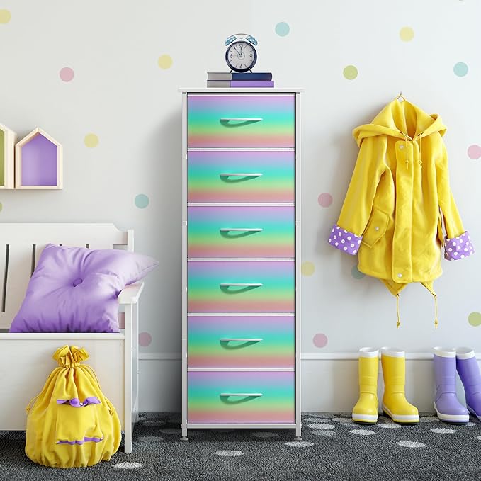 Sorbus Kids Dresser with 6 Drawers - Storage Chest Organizer Nightstand - Steel Frame, Wood Top, Tie-Dye Fabric Bins for Clothes - Wide Furniture for Bedroom, Hallway, Nursery, Closet, & Apartment