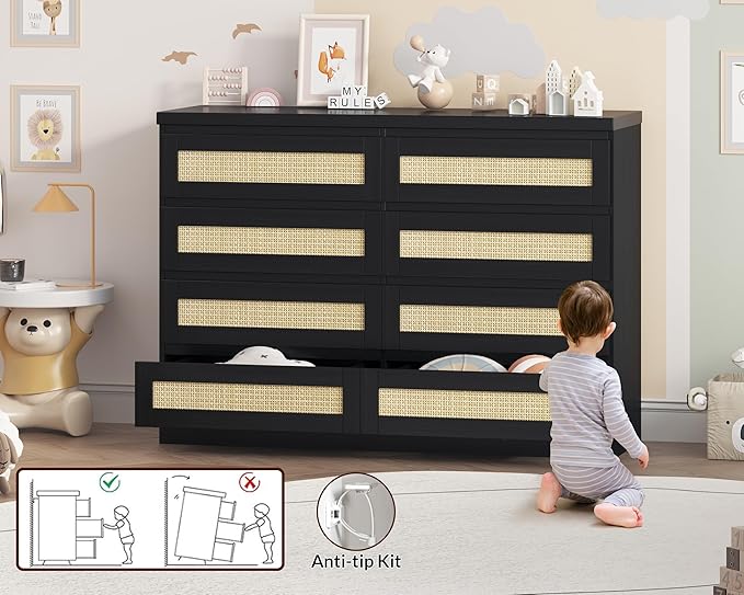 47 Inch Rattan 8 Drawer Dresser, Modern Farmhouse Chest of Drawers, Tv Stand Dresser Accent Furniture for Living Room, Bedroom, Entryway