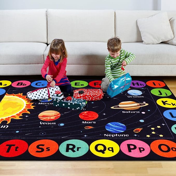 Outer Space Kids Rug Carpet for Playroom, ABC Educational Learning Area Rug, Non-Slip Solar System Road Play Play Rug for Kids Bedrooms, Classroom, Nursery Room Decor (Black, 59X39.4 INCH)