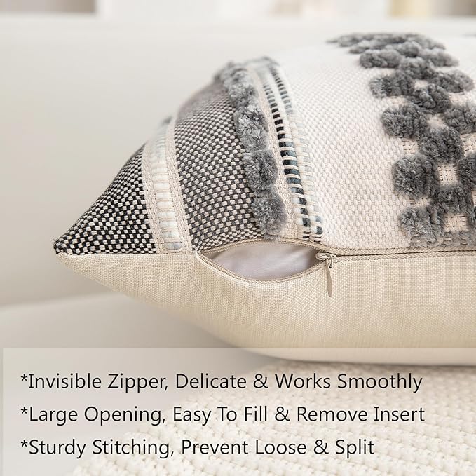 Boho Throw Pillow Covers 18x18 Set of 2 for Couch-Modern Farmhouse Sofa Decorative Grey Throw Pillows Covers Textured Chenille Cushion Covers Outdoor Netural Bohemian Pillow Cases Square