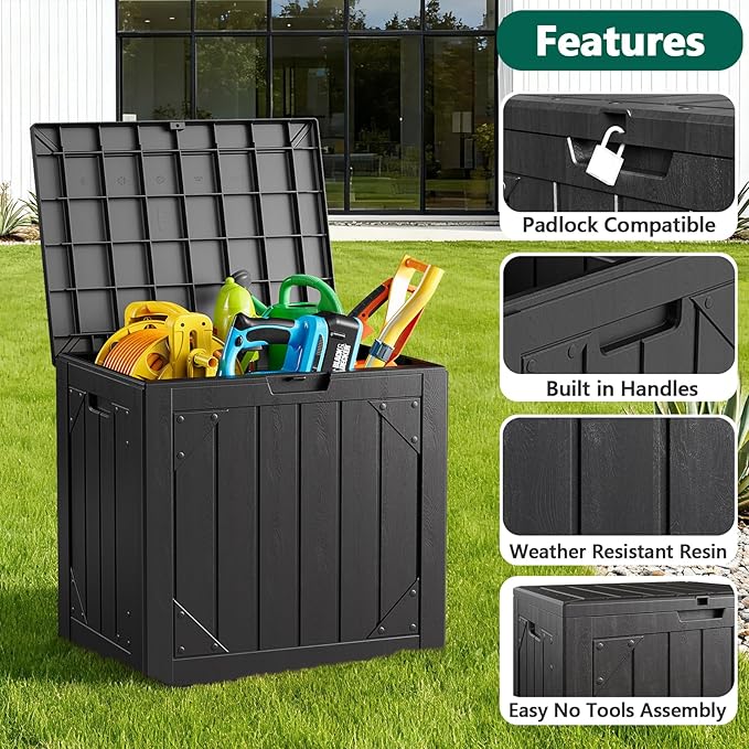 Outdoor Storage Box,30 Gallon Deck Box Outdoor Storage Bench Outside Waterproof Resin Storage Bench, Lockable Patio Cushions, Garden Tools Storage For Furniture, UV Resistant(Black)
