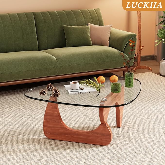Coffee Tables Glass Small Farmhouse Coffee Table Mid-Century Modern Wood Center Table for Living Room, Walnut Transparent, 45 Inch