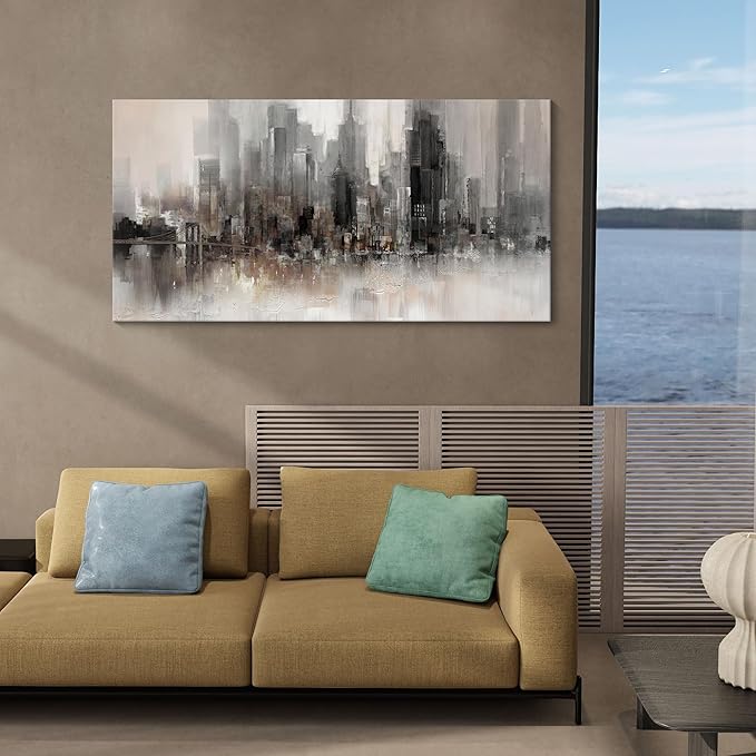 YDYSUNE Large Abstract Wall Art for Living Room,Cityscape New York Canvas Wall Decor for Bedroom,Print Brooklyn Bridge Themed Painting Brown Modern Picture Decoration Artwork Size 24x48inch