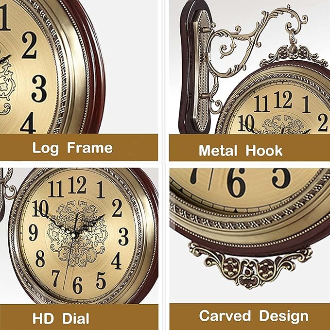 Large Wall Clock Double Sided, European Style Double Sided Alloy Wall Clock 360° Rotating Metal Wall Watch Non Ticking Silent Clock for Indoor Outdoor Office Living Room Porch Clock Wall Decor
