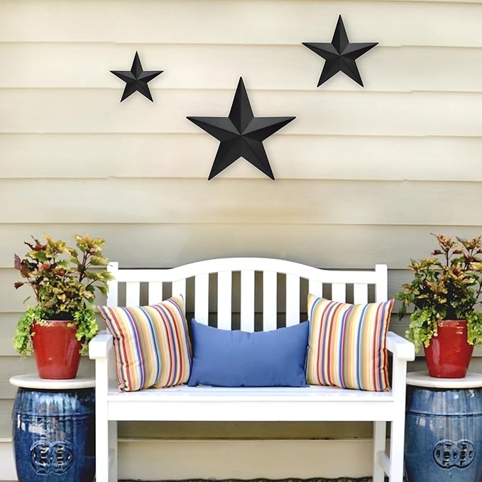 JoyEvy 6" 9”12"（3pieces Black Barn Star Wall Decor,Metal Stars Rustic Vintage Western Country Farmhouse Home Indoor or Outdoor Wall Decoration,Texas Stars for House Art Décor