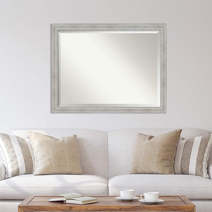Amanti Art White Wall Mirror 34x44 Rustic White Wash Rectangle Bathroom Mirror for Wall Decor Living Room, X-Large Country Rustic Wood Frame, Hangs Horizonally and Vertically, Bathroom Decor, Beveled