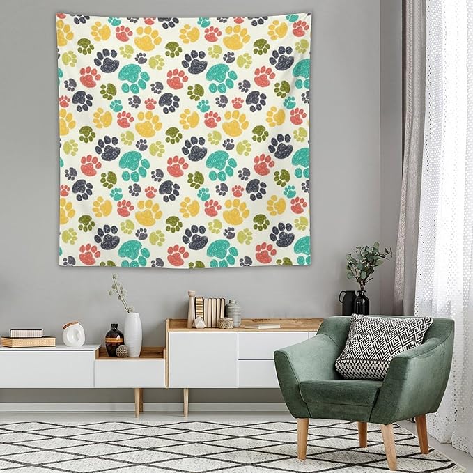 VUMIVI Dog Paw Tapestry Hand Painted Colorful Animal Footprints Doodle Kids Painting Tapestry Wall Hanging for Living Room Bedroom Dorm Classroom Aesthetic Decor W60xL60in