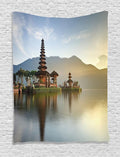 Ambesonne Balinese Tapestry, Pura Ulun Danu Building Panorama Sunrise on Lake Bratan Bali Indonesia Waterscape, Wall Hanging for Bedroom Living Room Dorm Decor, 60" X 80", Beige Brown